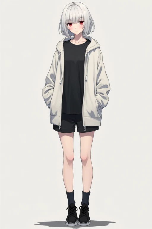 masterpiece, best quality, 1girl, slender body, choker in neck, full body, standing, flat chest, hooded sweatshirt, short pants,(aroused face, sweaty skin, wet clothes), trembling, grab breast, steam, sneaker