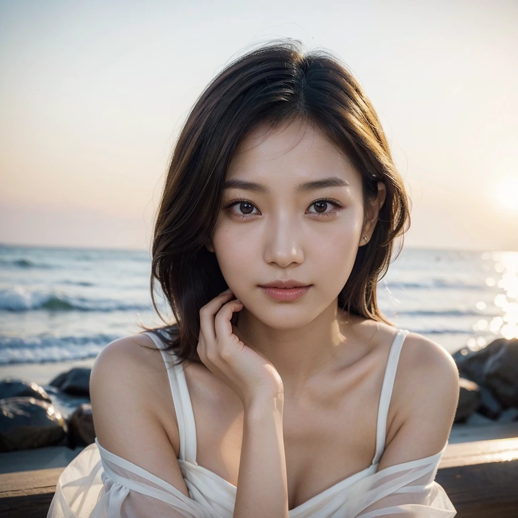 A stunning Japanese model-actress in her late 20s, showcasing timeless beauty with impeccable, real-looking skin captured in 4K resolution. Her smooth, fair skin has a natural, slightly dewy finish, highlighting her healthy, radiant complexion. She has straight, jet-black hair that frames her face perfectly, falling just past her shoulders. Her large, almond-shaped eyes are a deep, warm brown, exuding both confidence and elegance. She is dressed in a flowing, elegant white gown. The image is focused on her face and shoulders, capturing her serene expression and the fine details of her features. The background shows a serene beach at sunset, with the golden light of the setting sun casting a warm glow on her face. The composition highlights her captivating presence, with her calm and contemplative expression and a subtle, enigmatic smile.