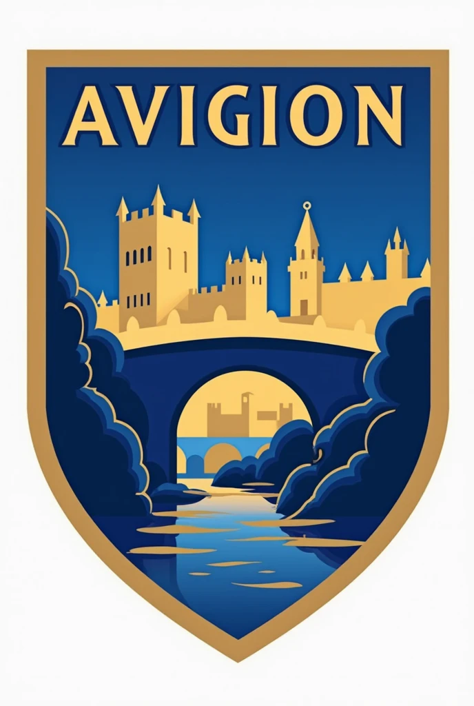 Un emblème en forme de bouclier avec une silhouette du Palais des Papes en arrière-plan.
Une représentation stylisée du Pont d'Avignon au centre.
Les couleurs bleu royal et or dominent le design, avec le nom "Avignon FC" inscrit en lettres capitales en haut du logo.
