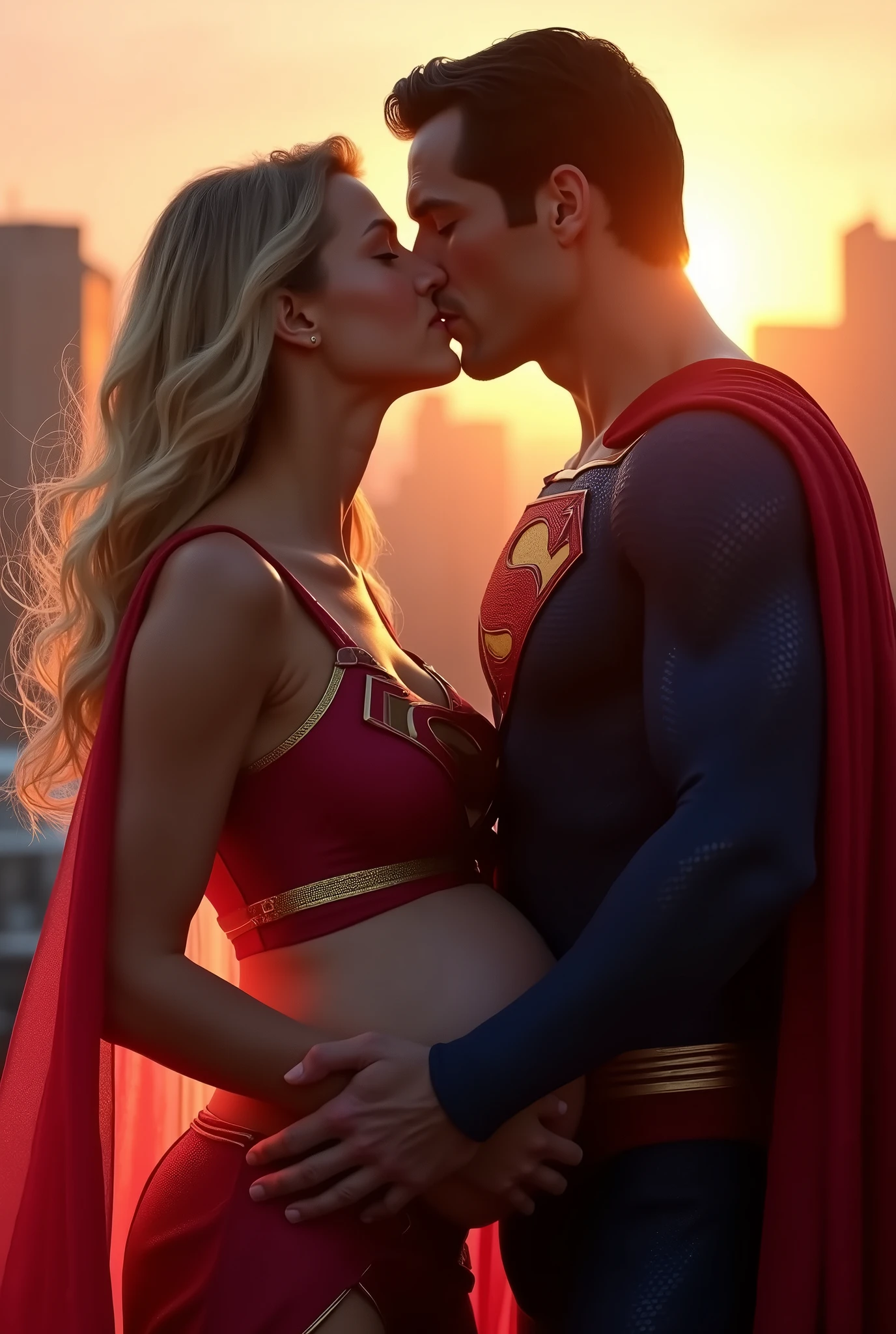 Super girl and superman are kissing, she is pregnant, intimate
