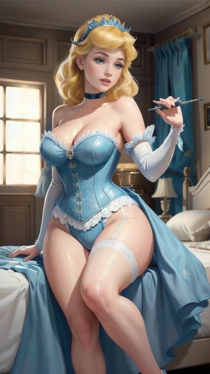 realistic, ((1 girl)), masterpiece, (high quality, best rendering), (beautiful girl, cinderella), (bombshell, pinup style), hot, dental floss,       slim body, 4k hd, beautiful female princess, hd illustration, official art, big boobs, sexy pose, vibrant colors, she has pale skin cinderella,  fantasy, in front of a four poster bed and curtains, blue corset, white short, long thin legs,