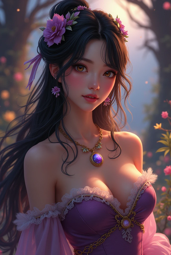 masterpiece, best quality, highly detailed, 1girl, solo,  long hairs, off-shoulder cheongsam, choker, large glasses, violet locket, jacket, hairband, looking at viewer, smile, blush, Wide Smile, Eyes Detailed & Wide, sexy Pose. Ultra HD, Rococo-Inspired Fantasy Art With Intricate Details. Cute, Charming Expression, Alluring-Gaze, looking at viewer Beautiful Eyes, An-Ideal-Figure. Large Youthful Well-Shaped-Breasts, Massive-Round-Bosom, Décolletage. slim waist, fit body, full lipsWarm lights , woman in a dreamy forest at night, with fluffy hair, delicate face, realistic, real, slim, large aperture, sexy shots, attractive poses,Stunnin gly beautiful merge of Scarlett Johanson. Alison Brie, Selena Gomez. symmetrical face, photorealistic, photography, path tracing, specular lighting, volumetric face light, path traced hairmaximum quality{(masutepiece) (8K High Resolution) (top-quality) In the style of breath of the wild.