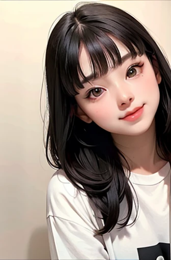 moderate、serious、Quiet Beautiful Girl、Baby Face、double eyelid、Drooping eyes、Round eyes、kind、Bangs Patsun Hair、Smooth straight hair、intellectual、Oversized T-shirt、barefoot、Bash、Natural Makeup、Shy laugh