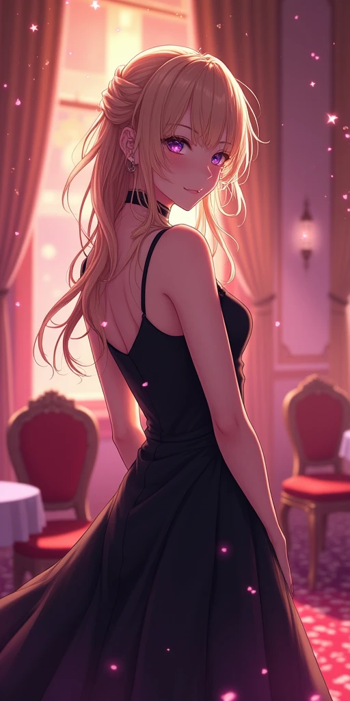 (best quality, ultra-detailed, photorealistic: 1.39), bright and vibrant colors, studio lighting, romantic expression, An effeminate girl, with a delicate and beautiful face. She is a girl who reflects  beauty, sparkling eyes, She is a modern woman with dark blonder hair, she wears a beautiful crystal clear black dress, strap around the neck, sleeveless, she has sparkling purple eyes,in a ballroom, tables and chairs on stage , she is in love, anime style, Anime Bishoujo