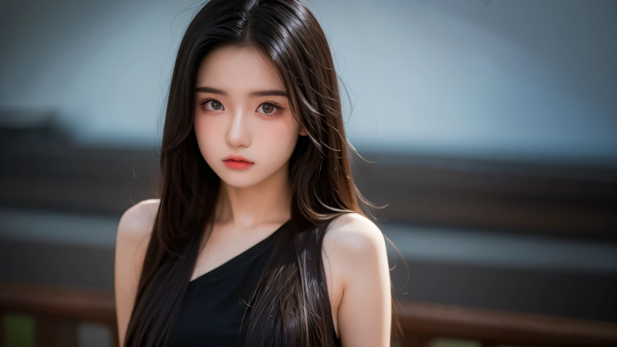 An 8k masterpiece, the highest resolution, every detail, meticulous detail, depth of field, bright colors, beautiful composition: an 18-year-old adolescent girl with black hair and beautiful innocent eyes in stunning detail, standing on a dark and ominous background.