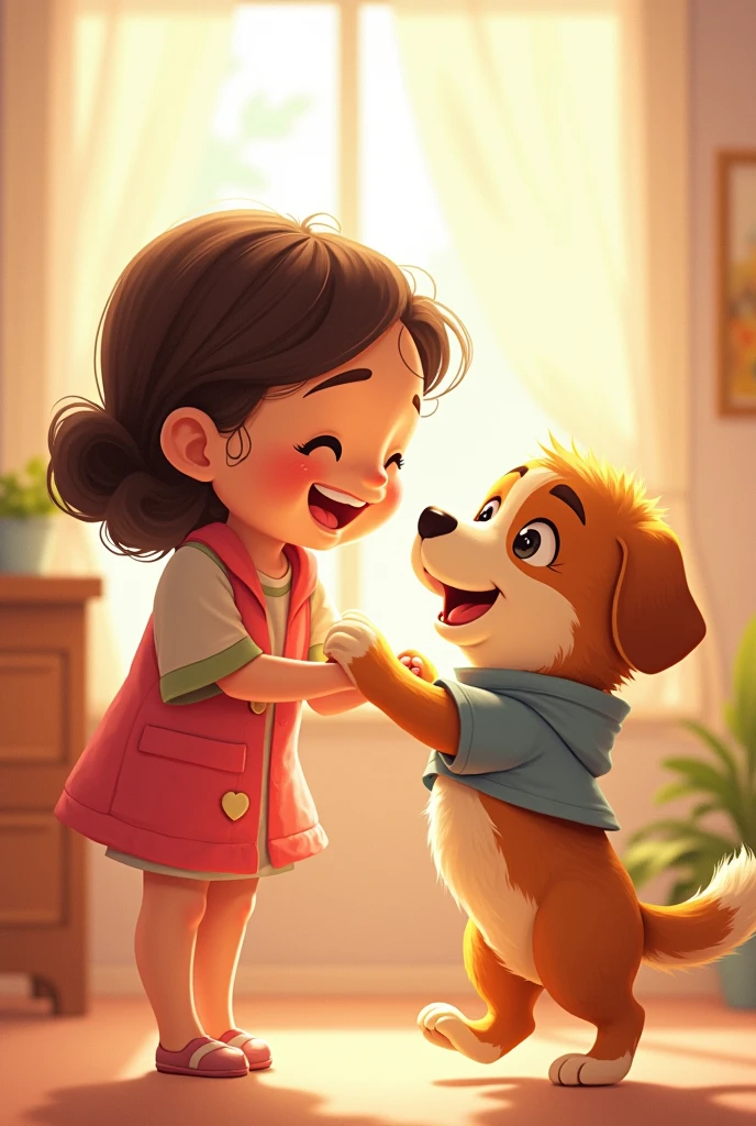 Illustration: Riks wagging his tail, sharing in Marium’s  girl happiness.]
