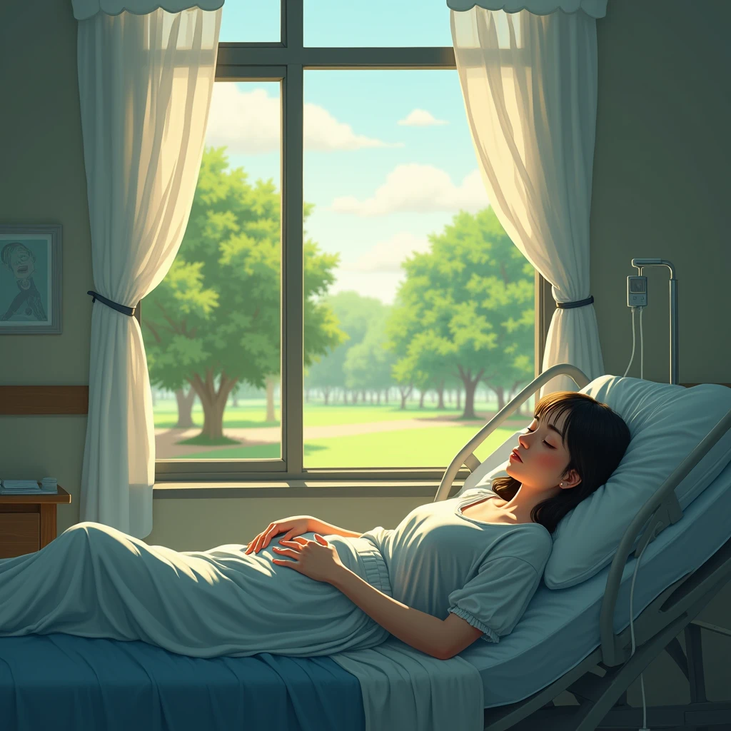 a young woman on a hospital bed and a window overlooking a sunny park