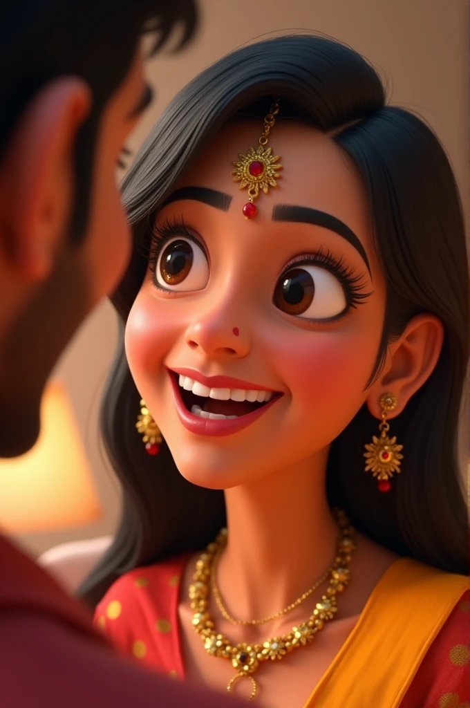 Incinematic 3d cartoon style"Close-up of the bhabhi laughing or smiling broadly in response to the devar's joke. Her expression should convey amusement and a bit of surprise.
Scene"