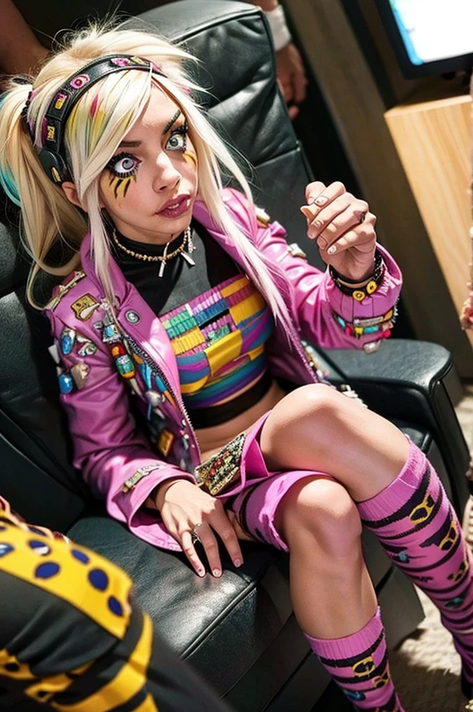 Sitting in front of a cyberpunk drum、Punkcore、Colorful leopard print outfit
