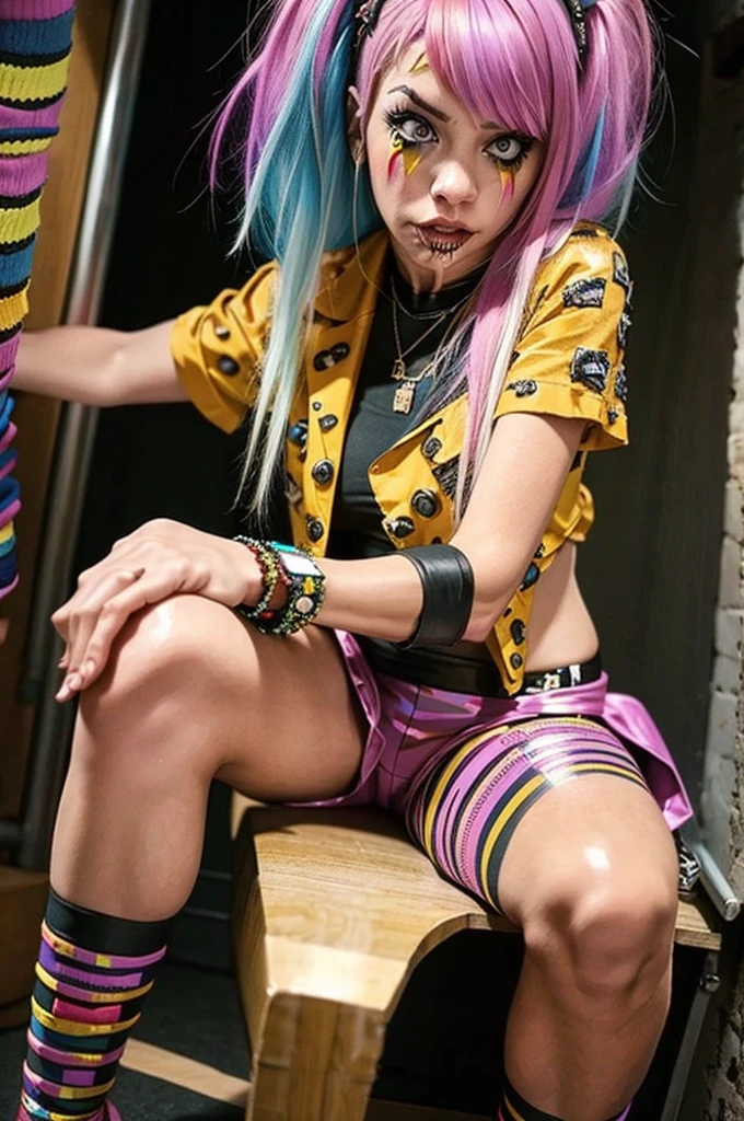 Sitting in front of a cyberpunk drum、Punkcore、Colorful leopard print outfit
