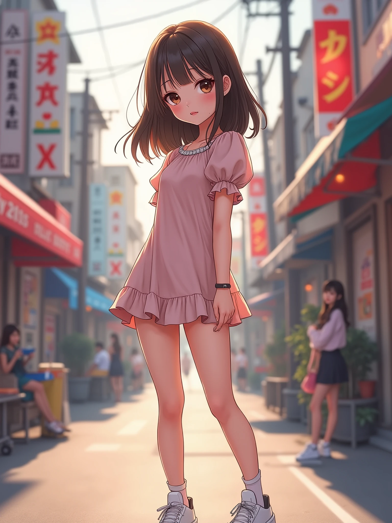 (Realistic, Photorealistic: 1.37), Pastel colored mini dress with puffy sleeves, paired with a white sneaker , K-Pop idol, standing and looking at the viewer, ((highest quality)), ((intricate details)), ((realistic)), absurd resolution, 18 years old, young , sexy woman, point view, highly detailed illustration, one girl, medium breasted, perfect hands, detailed fingers, beautifully detailed eyes, medium long hair, brown eyes, Detailed background, perfect eyes, enchanting eyes, looking. Viewed from the front