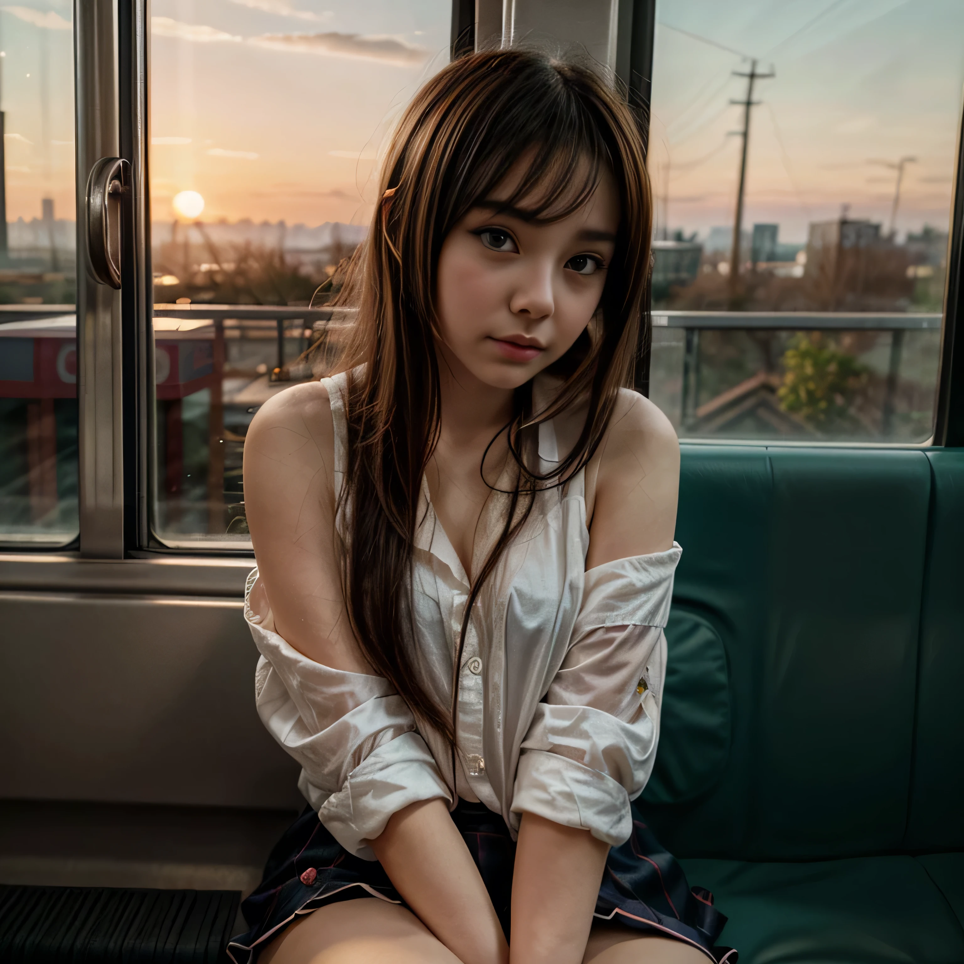 anime girl sitting on a train looking out the window, beautiful anime portrait, lofi portrait at a window, beautiful anime girl, lofi portrait, lofi girl, portrait anime girl, artwork in the style of guweiz, high quality portrait, with sunset, attractive anime girl, cute anime girl, realistic cute girl painting, anime style. 8k