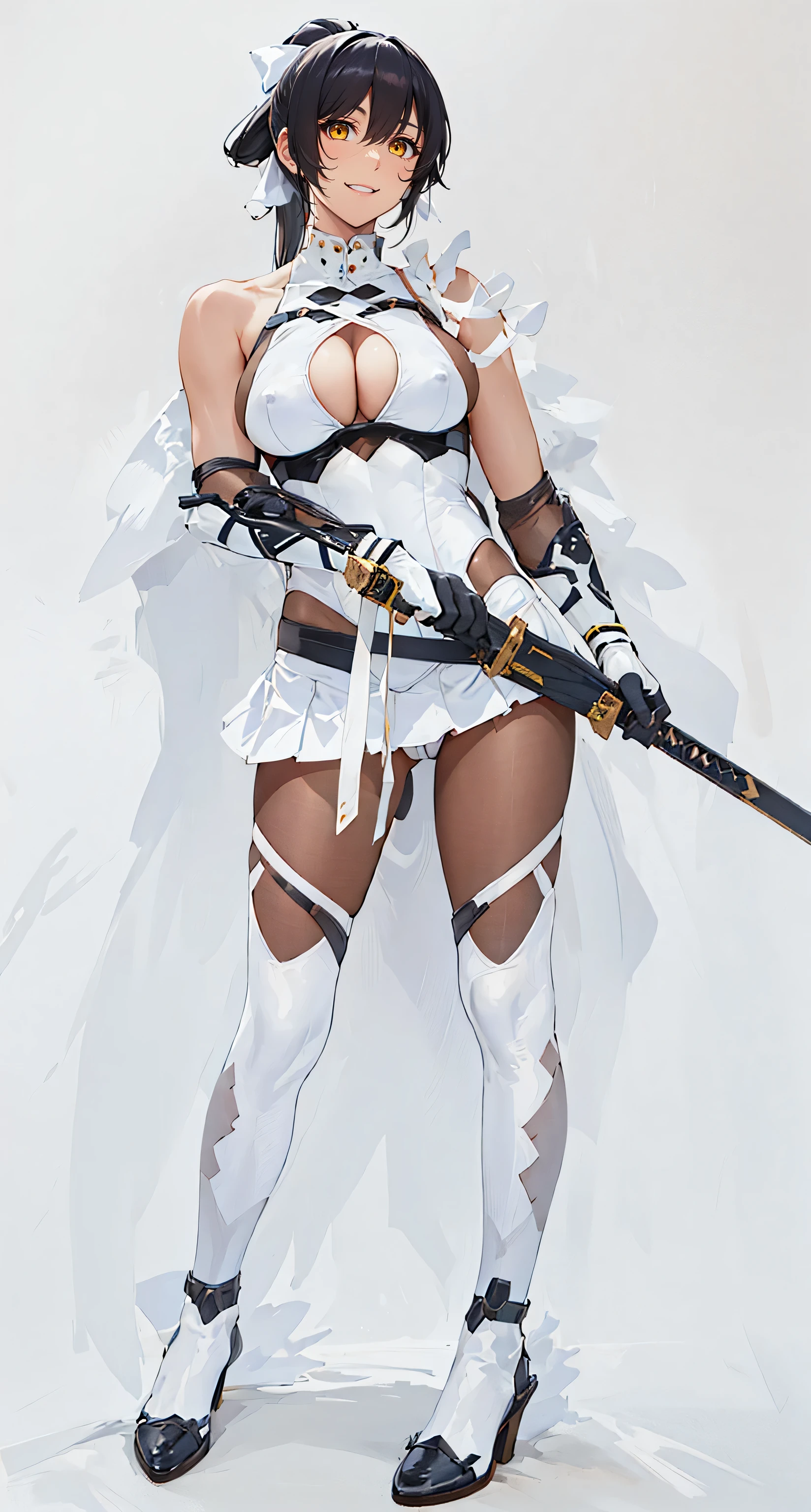 nsfw,1girl,solo,huge breasts,looking at viewer,a japanese sexy cosplayer girl,JAV actress,a sexy woman with gigantic breasts in costume with japanese sword strapped to her waist,enako,a woman cosplaying with white highleg leotard and microskirt,standing,taimanin,as Takao(azur lane),looking at viewer,slingshot swimsuit,holding sword in sheath,cleavage cutout,real skin,vein stands out on breasts,cleavage,huge breasts,wide hips,black hair,elbow_gloves,long ponytail hair,yellow eyes,pantyhose,white thighhighs,hair bow,pleated skirt,highleg panties,cameltoe,photo realistic,closed mouth,very very narrow waist,(looking at viewer:1.8),white background,high resolution, 8k,(dynamic poses:0.8),Soft lighting,top-quality,high resolution,Unified 8K wallpapers,(beautiful detailed eyes:1.6),extra detailed face,Perfect lighting,cosplayer,enako,enakorin,akariniimura_jav,takao_\(azur_lane\), black_hair, pantyhose,race_queen, white_bow, cleavage_cutout, bodysuit, bare_shoulders, elbow_gloves,halterneck, white_swimsuit,high_heels,smile,