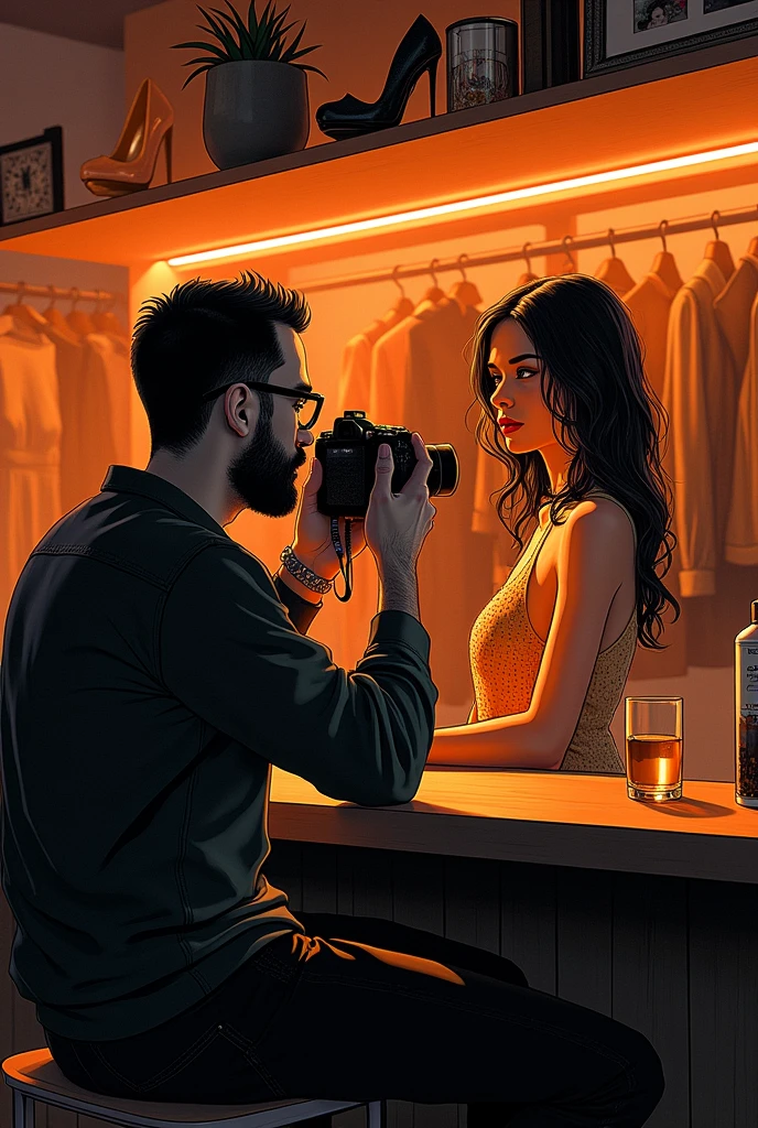 There is a 30-year-old photographer，Photographing a beautiful woman，Photographer with short beard,  short hair, (slightly overweight), wear glasses, Sit at the bar，Directing a model,, In his studio,，Using the Camera, There are a lot of clothes and high heels in the closet，Popular on Art Station, Play Techno House Music, Music playing, listen to music, Milton Caniff (Milton Caniff) Beautiful illustrations, Duotone, Two colors, Black and Orange, , , ink, masterpiece