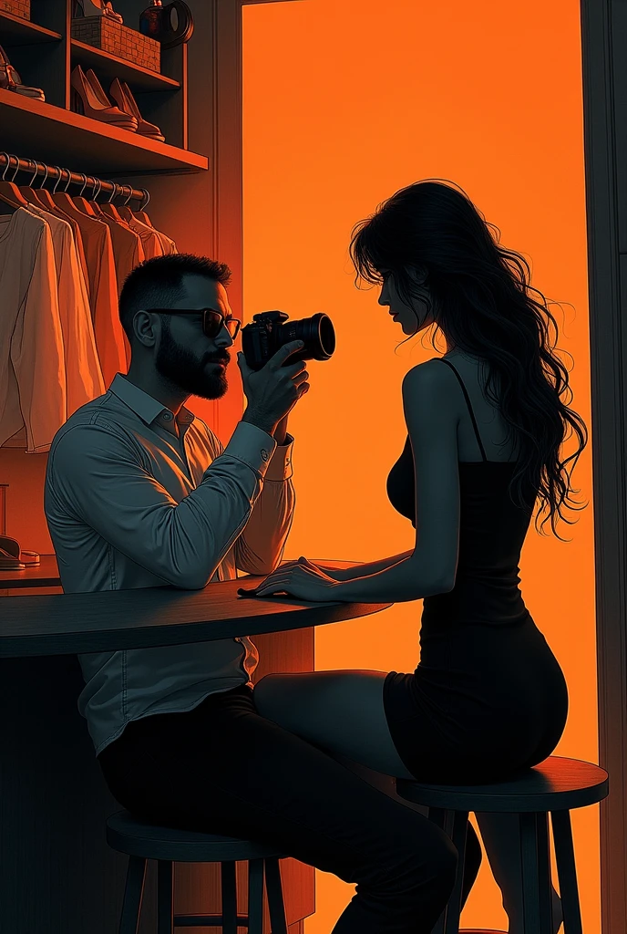 There is a 40-year-old photographer，Photographing a beautiful woman，Photographer with short hair, (slightly overweight), Sit at the bar，Directing a model,, Models wear sexy，In his studio, With camera, There are a lot of clothes and high heels in the closet，Popular on Art Station, Play Techno House Music, Music playing, listen to music,masterpiece