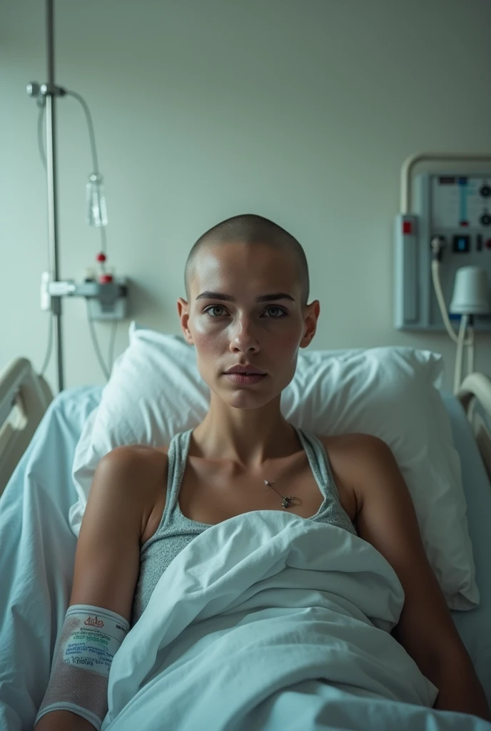 A woman with cancer in a hospital with her hair shaved