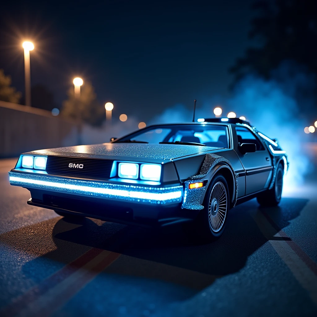 Delorean\(back to the future\(movie\),((glowing blue)),(shining brightly:1.5),realistic texture\), at night, Marty McFly and Dr Emmett Doc Brown smiling beside the car standing, ((shallow depth-of-field)), (bokeh), (lens flare), sharp focus,,(dynamic angle:1.5),award winning photo, beautiful photo, very exciting racing photo, beautiful background