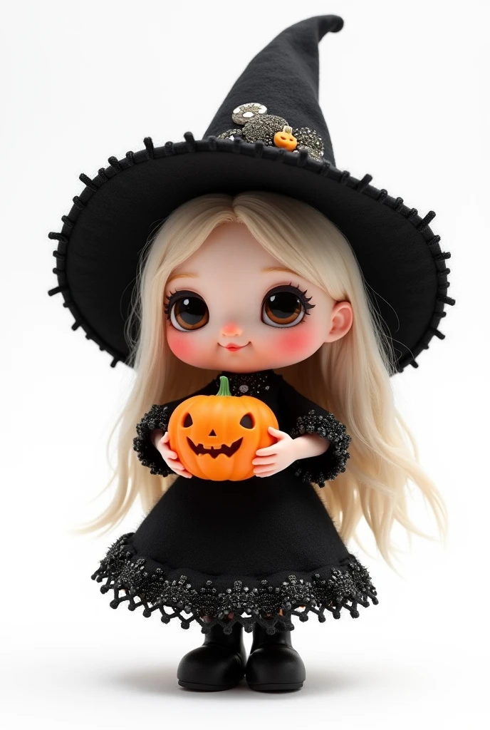 Create a 3D chibi doll style high-resolution image of a Halloween witch chibi girl doll, isolated and cutout on white background. The witch chibi girl doll has a textured [black] dress made of [WOOL and CROCHET] and adorned with a lot of [GLITTER] while holding a pumpkin. Watercolor [PASTEL] colors, particularly shades of [black, AND WHITE]. Ensure that all elements are centered within the image without exceeding the image border