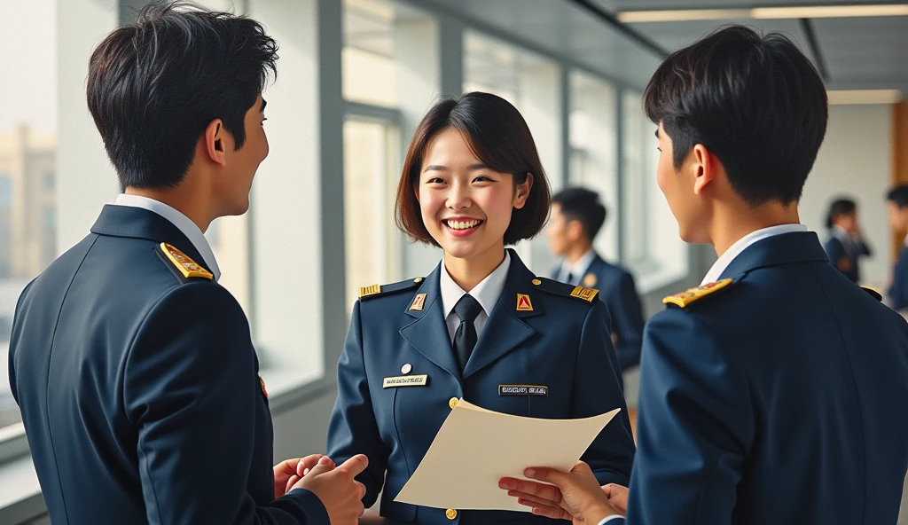 A stunning and oil painting of a young Korean woman, beautifully portrayed with a joyful expression. She is standing amidst in office, holding file and talking colleagues. she is an government officer, wearing officers uniform and national badges, wide angle shot, adding to the sense of joyful. The painting exhibits a real-like, impressionistic style, with visible brushstrokes that create a sense of depth and texture. The color palette primarily consists of bright warm, greys and black evoking a light atmosphere. wide angle shot, realistic, zoom out