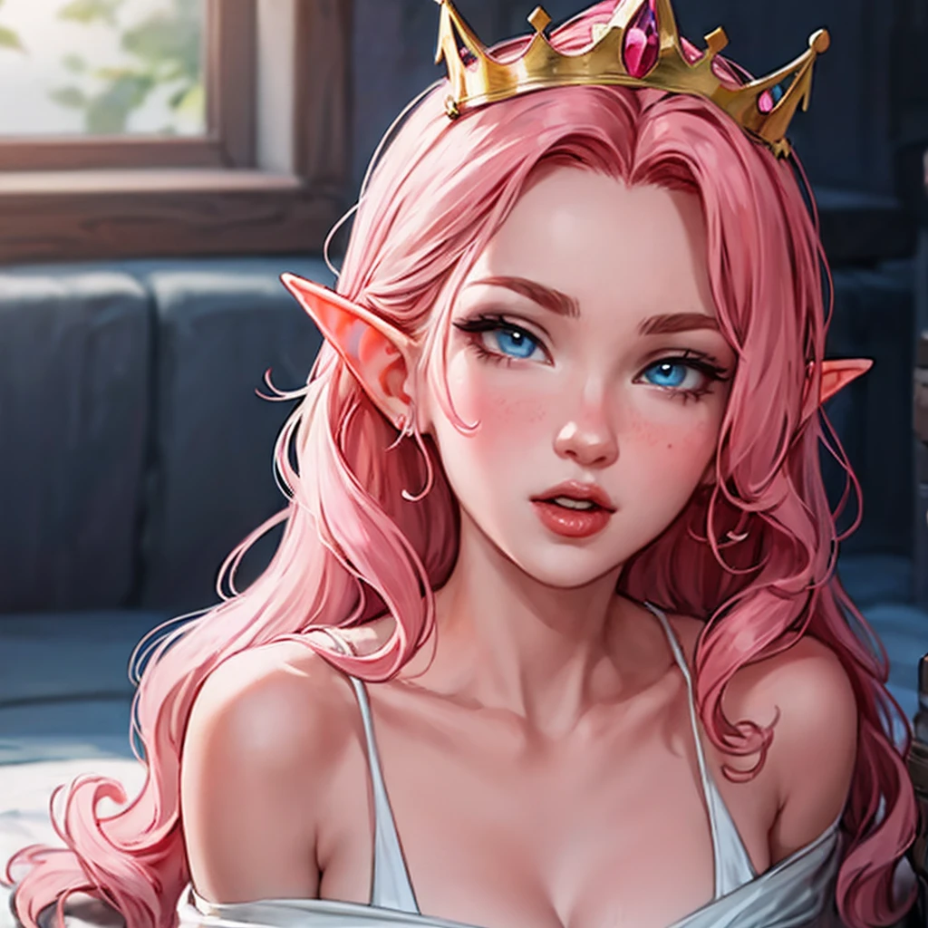 Woman, long wavy hair, pink hair, blue eyes, elf, crown, queen, sexy, naughty,