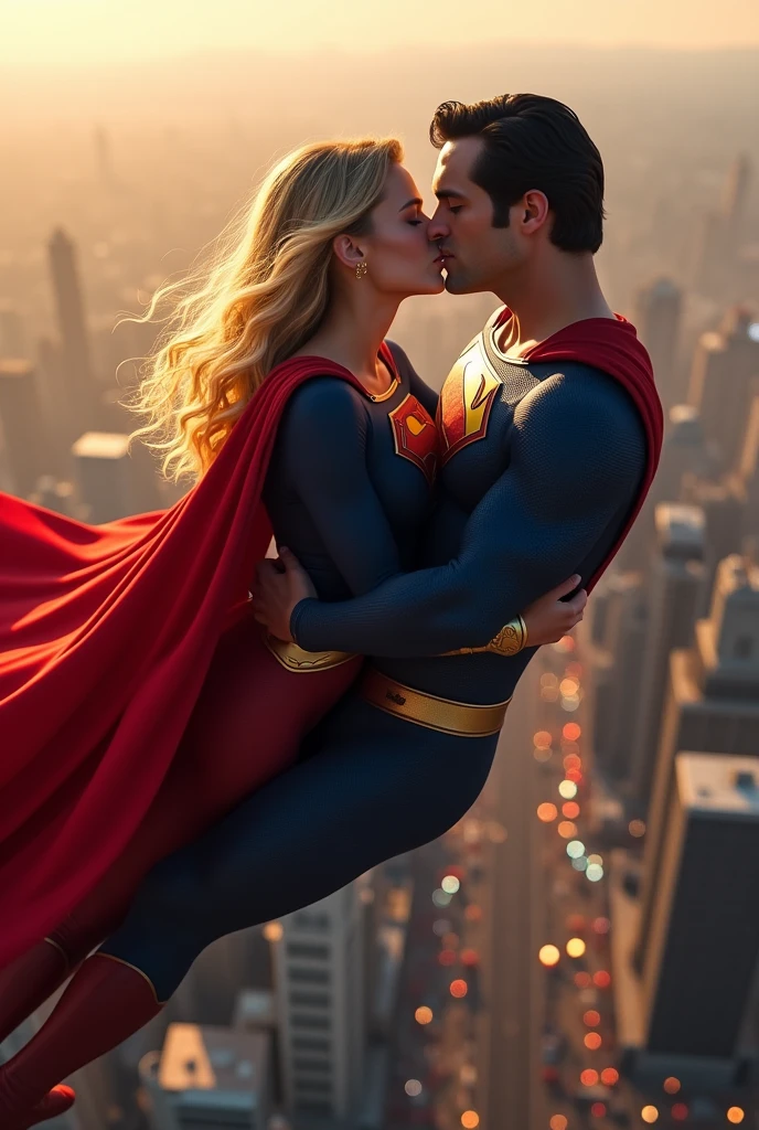 Super girl and superman are kissing, flying above city, closeup