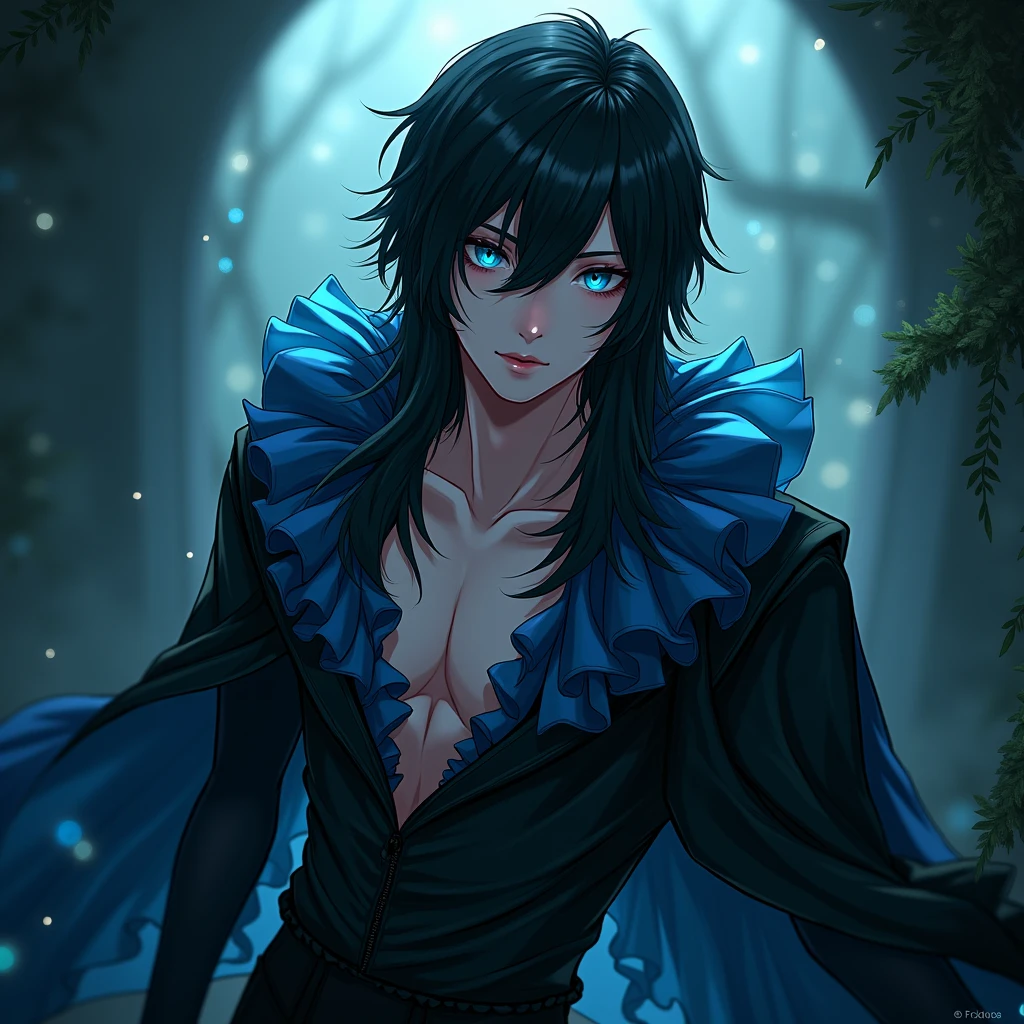 Male, sexy, long black hair, teal blue eyes, young, gothic black and ocean blue frilly clothes. Delicate facial hair, no body hair, seductive, white, and pale. Sexy pose. Anime style. hot. shiny. thick and shiny legs. Sexy hips. nice detailed texture. masterpiece. beautifully drawn face. exposed legs. legs open. No facial or body hair. Legs open.