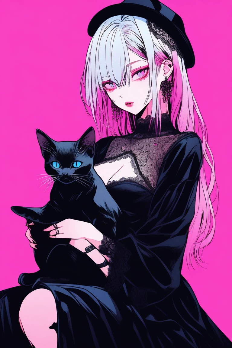 Illustrator, anime , Realistic ,sketch , 1 person, model, Age 25, lip, Black gothic dress with lots of lace,、, And a clear design.., order, Blue and pink gradient background, Neon Medium Hair, Big Breasts, look back, whole body, (((A small black kitten on my lap))), Sexy look, Texture Trim, Canadian, (masterpiece,Highest quality)