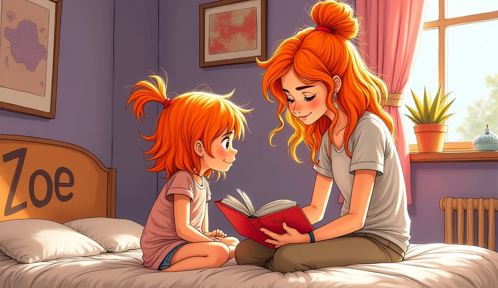 A pencil sketch image coloured image of a mother and daughter in a bedroom in a daughter's bedroom and the daughter's name is Zoe at the back of the bad the name of the joy is written and the room is decorated as a kids room paint of the room is purple , a window , and pink curtains a brown cupboard in corner of room . its night time in window and the mother is reading a story book to her daughter in the bed.
Make a call tonic image less detailed a rough Orange coloured hair of both mother and daughter . Daughter have curl wavy open messed up hair .. big and rough facial images .