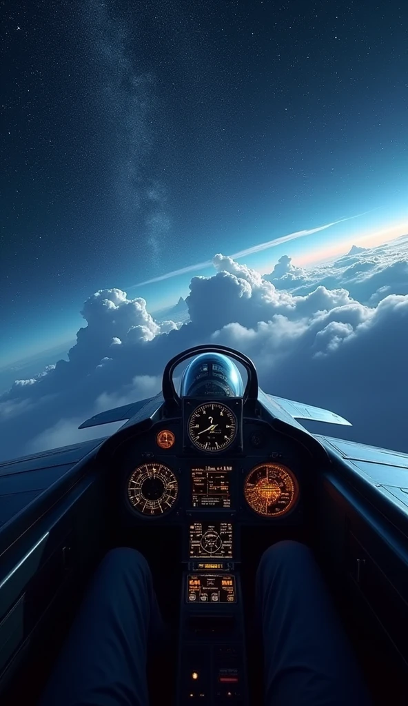 A realistic starry night sky view of cockpit of a jetfighter, night flight above light clouds, pilot point of view, first person view, (best quality,4k,8k,highres,masterpiece:1.2),ultra-detailed,(realistic,photorealistic,photo-realistic:1.37),dramatic night lighting,atmospheric clouds, glowing stars, silhouetted jetfighter, dramatic lighting and shadows, cinematic composition