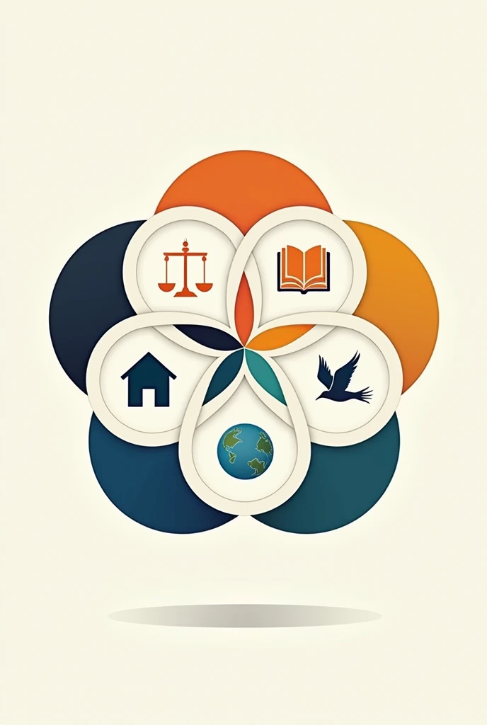 Draw three interconnected circles. In the first circle, place an icon of a scale (representing civil and political rights). In the second, an icon of a house and a book (representing economic rights, Social and Cultural). In the third circle, A dove and the planet Earth (representing peace and solidarity).