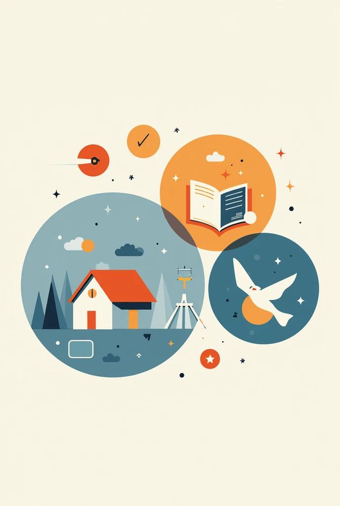 Draw three interconnected circles. In the first circle, place an icon of a scale (representing civil and political rights). In the second, an icon of a house and a book (representing economic rights, Social and Cultural). In the third circle, A dove and the planet Earth (representing peace and solidarity).