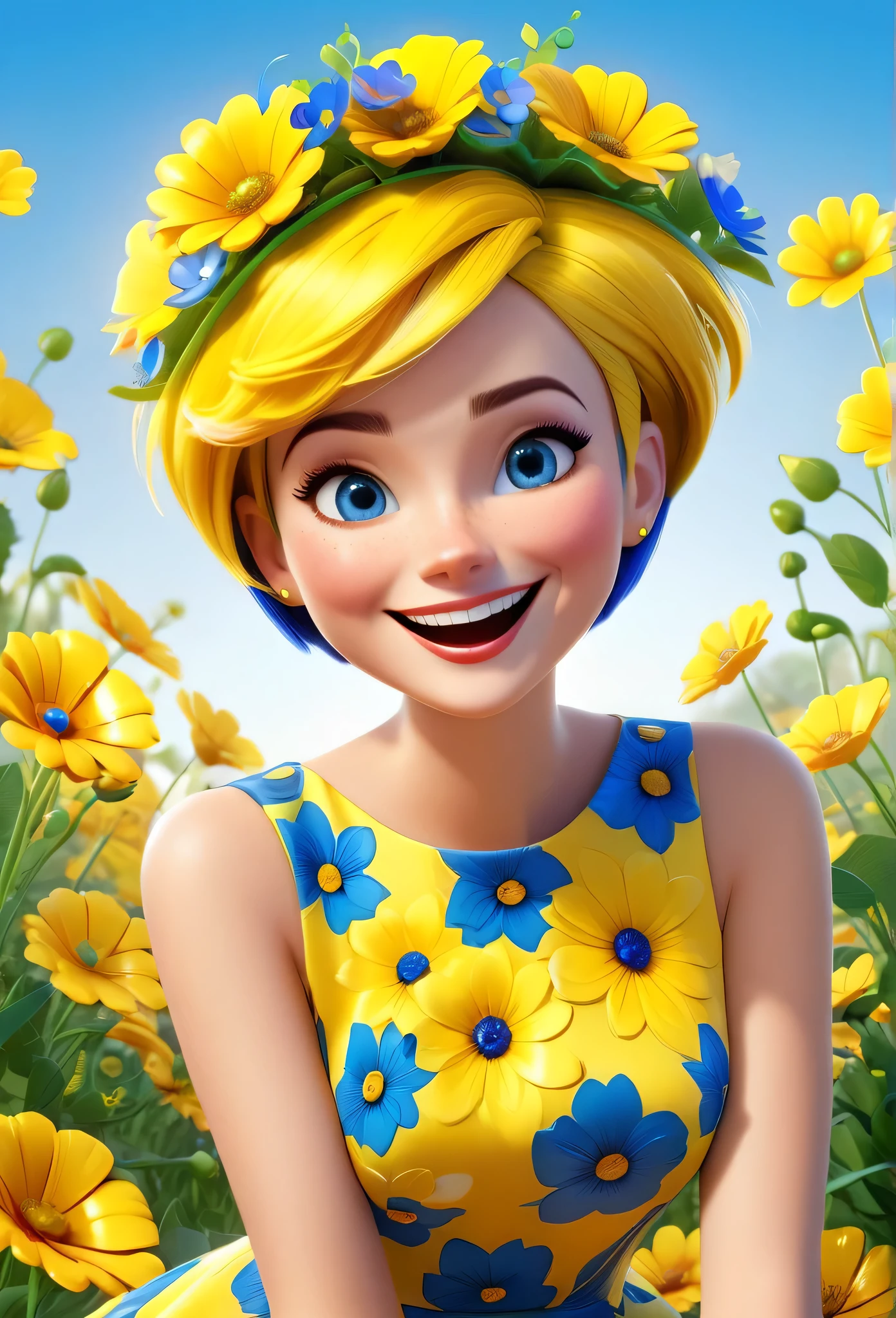 create a 3d illustration, model realisitic, exuberant, woman sofisticaded, really short hair, luxury, realisitic, vivid blue eyes, ninth time, Pixar-style, fashionable,smiling, happy face, yellow flower dress, vivid blue short cut hair, Search for the camera, White background, Photo of the center, super HD