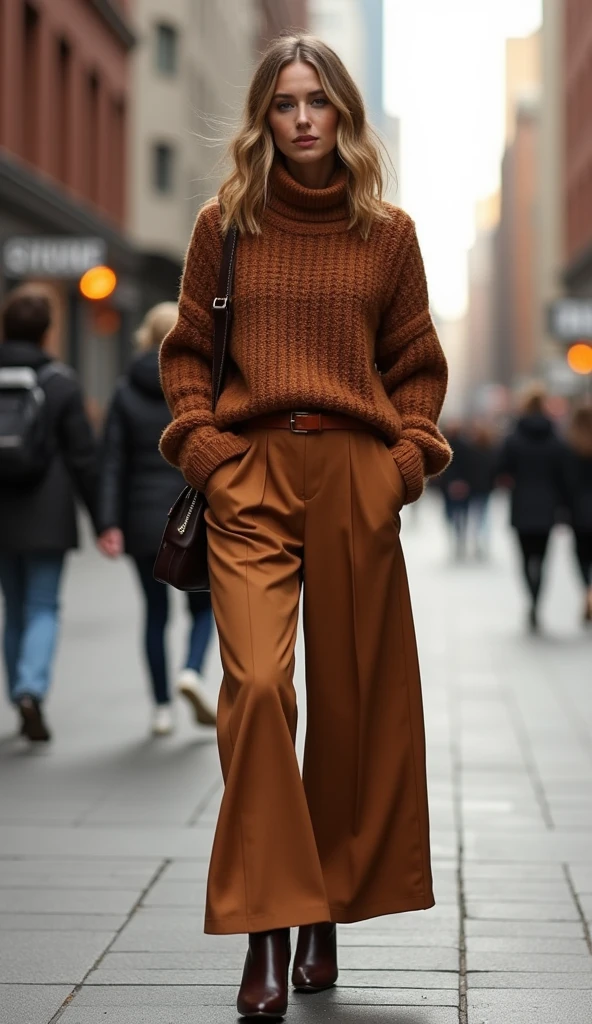 A high-fashion street-style snapshot for a fashion magazine, capturing a chic autumn outfit in an urban setting. The model is wearing a cozy brown knit sweater paired with wide-leg pants, creating a relaxed yet stylish look perfect for a day out in the city. The wide-leg pants flow elegantly, balancing the warm and textured knit. The outfit is completed with ankle boots or loafers, adding a subtle touch of sophistication and grounding the look. The background features a cityscape with blurred buildings, sidewalks, and pedestrians, giving the image an authentic, dynamic feel. The lighting is natural, with a slight golden hue from the autumn sun, highlighting the rich tones of the outfit. The model’s pose is casual and confident, perfectly capturing the essence of effortless street style.