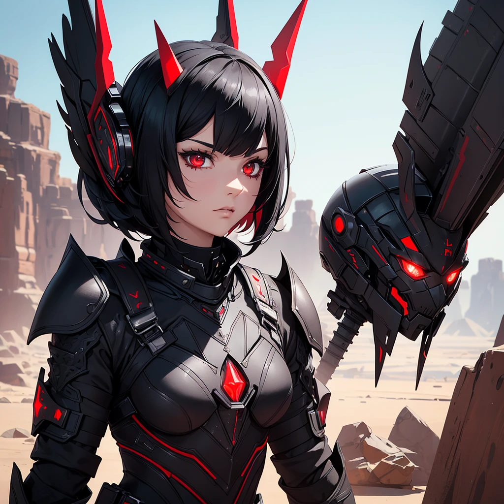 Make a character with short black hair. She is an alien, in ornate black armor, with red details and she should have futuristic horns on her head. Make it in a desert and arid setting. 