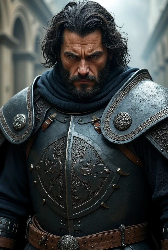 Short, muscular soldier, 26 years old, wavy black hair and brown eyes. Wearing black steel medieval armor, looking angry