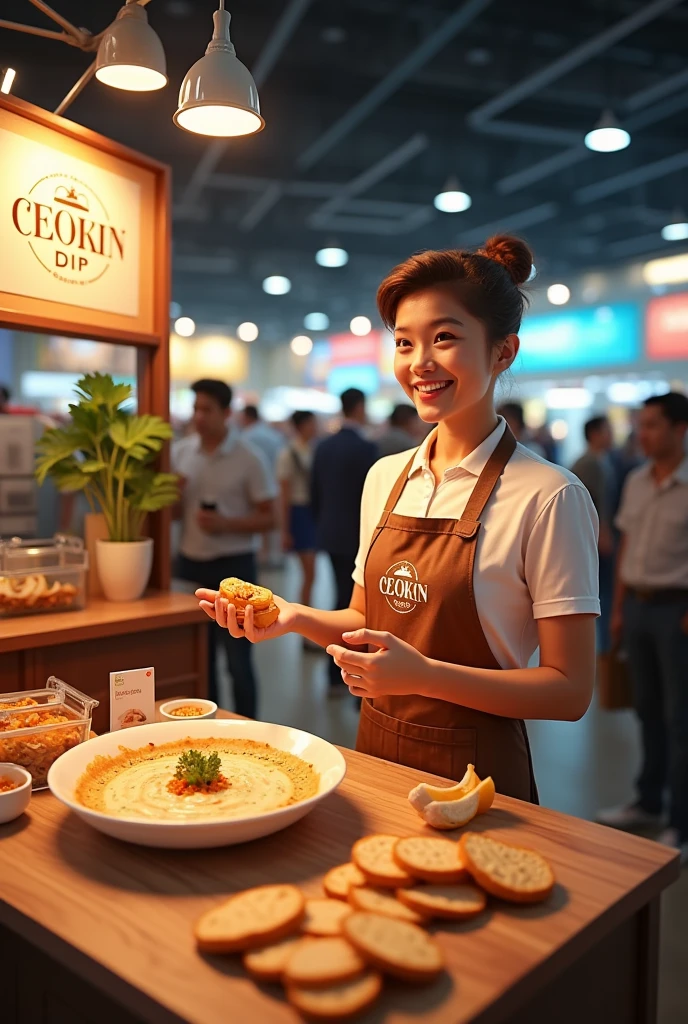 Generate an image of a stand for an Expo selling onion dip