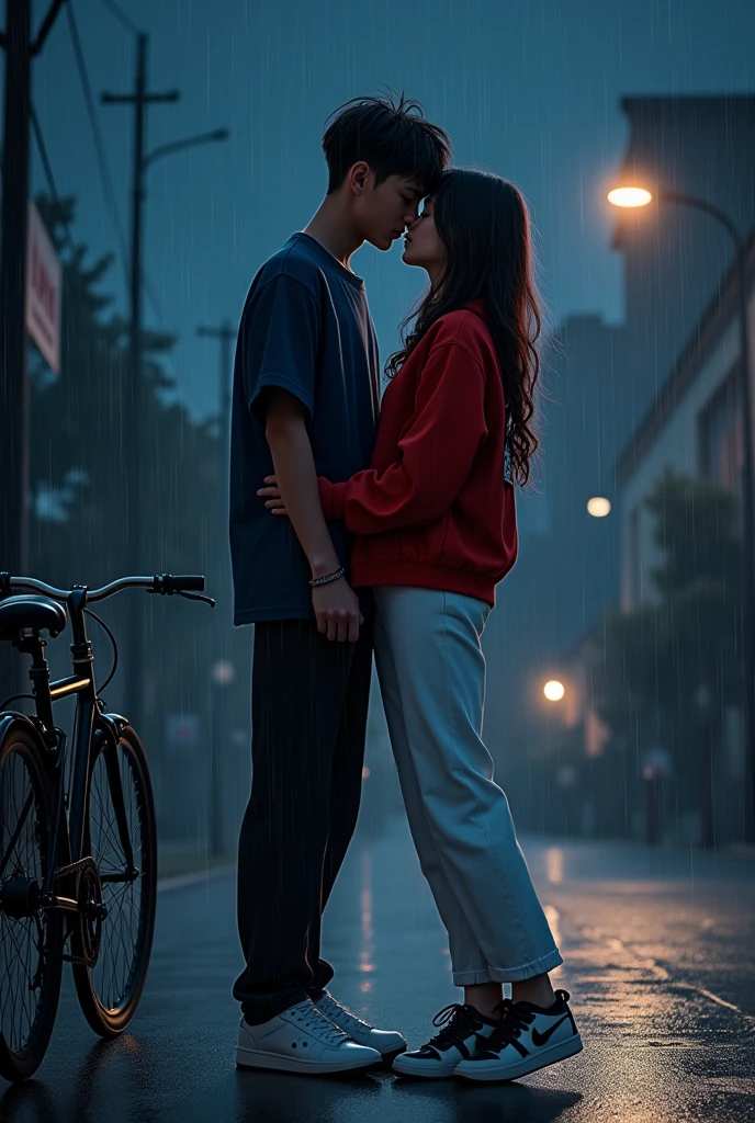 A boy and girl metting in a dark night in the road and in the side of the boy and gurl their was a cycles and it's raining and they were kissing  and rhe boy hand on gurl chest and gurl wearing white pant and red jacket of kelme and jordan shoes and the boy wearing jorts and formal tshirt and jordan shoes  the sky is dark and there is no lights in city 
