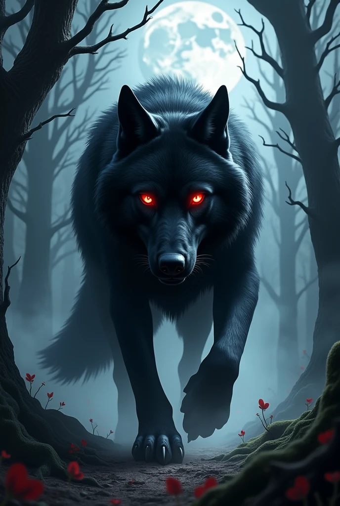 Black Wolf Cover, Red eyes, gothic forest, full moon