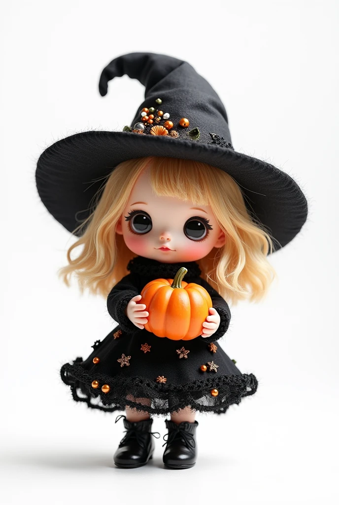 Create a 3D chibi doll style high-resolution image of a Halloween witch chibi girl doll, isolated and cutout on white background. The witch chibi girl doll has a textured [black] dress made of [WOOL and CROCHET] and adorned with a lot of [GLITTER] while holding a pumpkin. Watercolor [PASTEL] colors, particularly shades of [black, AND WHITE]. Ensure that all elements are centered within the image without exceeding the image border