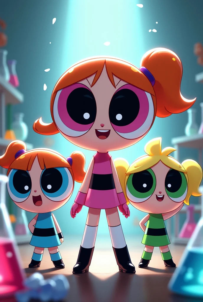 Create the Powerpuff Girls, cute with blue clothes and eyes, sweetie with pink eyes and clothes and cutie with green clothes and eyes, with laboratory flasks in a laboratory
