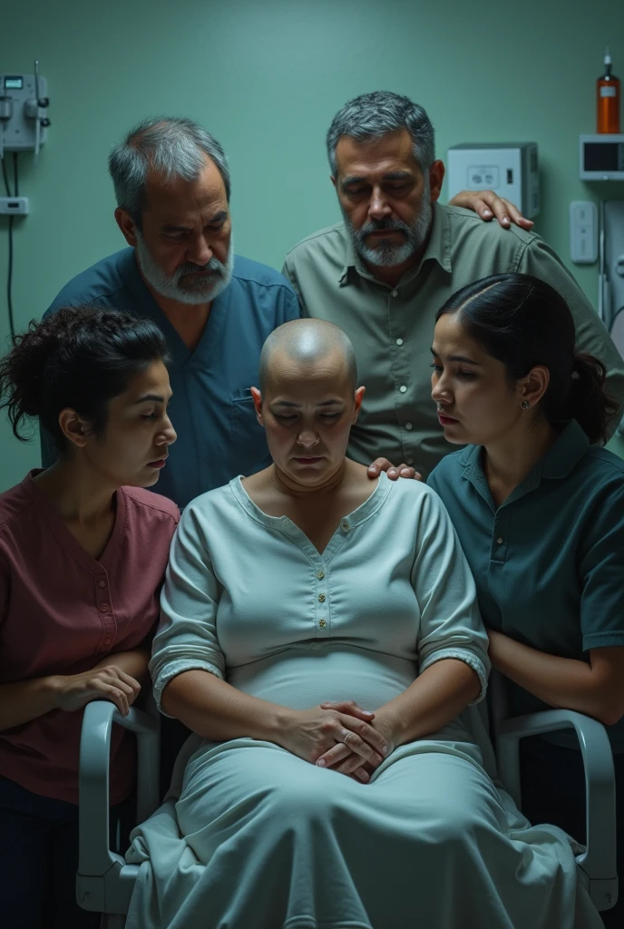 A woman with cancer in a hospital with her hair shaved with her family crying