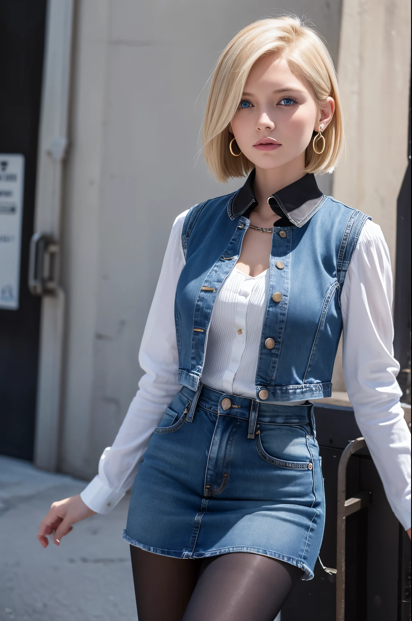 8k,Highest quality, High resolution, AND18, One Girl, Android 18, alone, Blonde, blue eyes, short hair, Earrings, jewelry, Denim dress, Open Vest, Black Pantyhose, Black Shirt, Jeans Skirt, long sleeves with stripes, Blue Skirt, Medium chest, Cowboy Shot, street, (External dilated chest: 1.2) The body's aura is released (Blue white light effect),Highest qualityのフォトリアリスティックRAW写真。Backlight、Cinema Lighting、Film Grain、50mm lens、Nikon D850、Realistic Skin、Fantasy art、Character Art、超High resolution、muscular and slim body、超Realistic Skin、Super Muscular Beauty,smile,