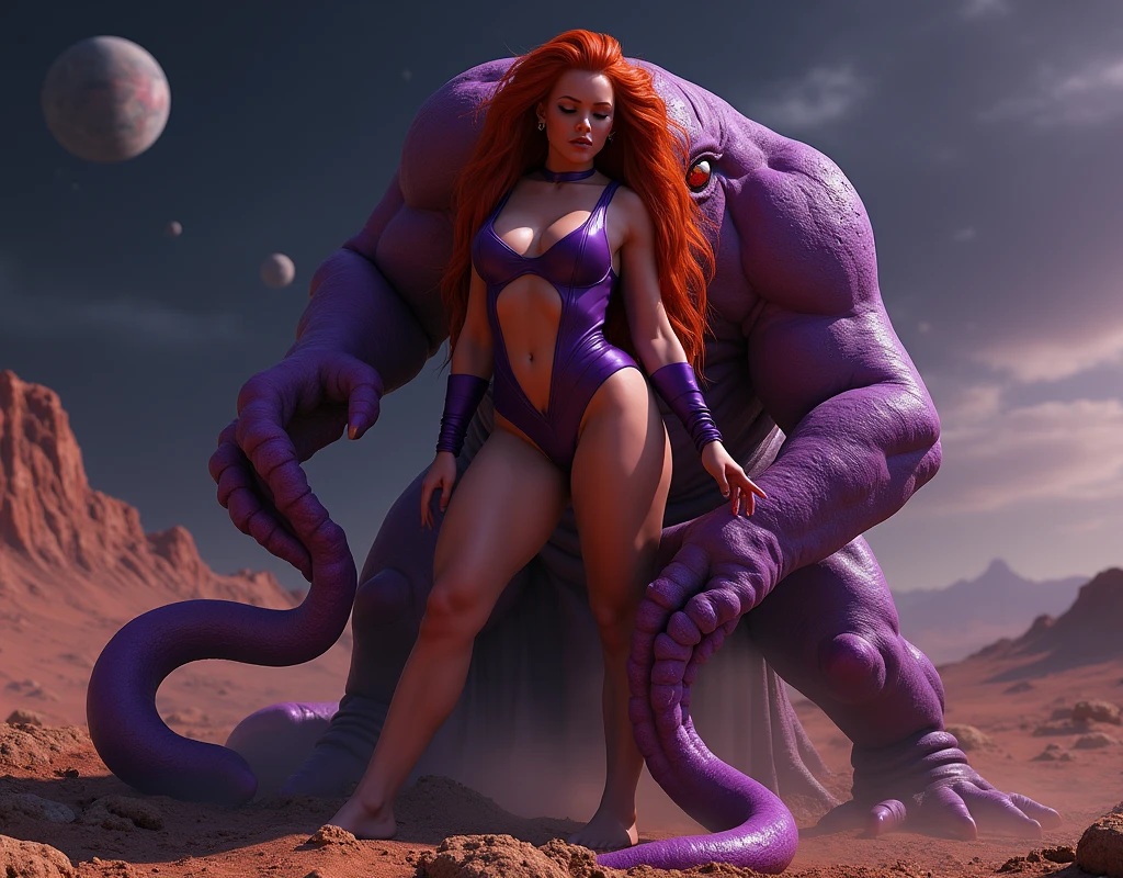 (1girl: beautiful voluptuous ((Starfire)), 19yo, ((deeply tanned olive skin)), ravishing (extremely long ginger hair to her ankles), deep purple superhero leotard with V-neck plunging down past her navel, ((exposed pussy)), best thigh gap, long toned legs, deep purple superhero thigh-high boots, exposed very fit flat stomach, huge natural breasts barely contained by the outfit, beautiful detailed eyes, beautiful detailed lips, most detailed gorgeous face), pain expression BREAK struggling against (a lascivious tentacle monster, many ((tentacles terminating in large thick penises with glans tips)), ((penetrating her)) every orifice, ((ravaging her pussy)), exploring her body, ((defiling her anus)), ((invading her mouth)), tearing her clothes off her, shoving many penises into her, filling her body with ejaculate, lecherous, extremely detailed) BREAK vitiated, explicit, adults only, provocative, tempting, blatant sex, erotic, sensual, rousing, fantasy, sci-fi, dark, dramatic lighting, mature themes, chiaroscuro, cinematic, dramatic, unsettling, (best quality,4k,8k,highres,masterpiece:1.2),realistic physics,ultra-detailed,(realistic,photorealistic,photo-realistic:1.37),((tentacle porn)), so real viewer cannot tell it is a photo, best focus, best angle BREAK barren distant planet surface, rocky terrain, no atmosphere, objects in space clearly visible above the horizon BREAK (((the tentacle monster with penises for tentacles is fucking Starfire in every hole she has available to penetrate)))