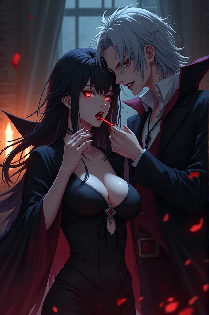 ((Highest quality)), ((masterpiece)), (detailed), （Perfect Face）、The woman is Princess Leona, a vampire and Countess of Dracula, with medium-long light brown hair and is naked but wearing a vampire cloak.、A woman is in the company of the majestic vampire Count Dracula