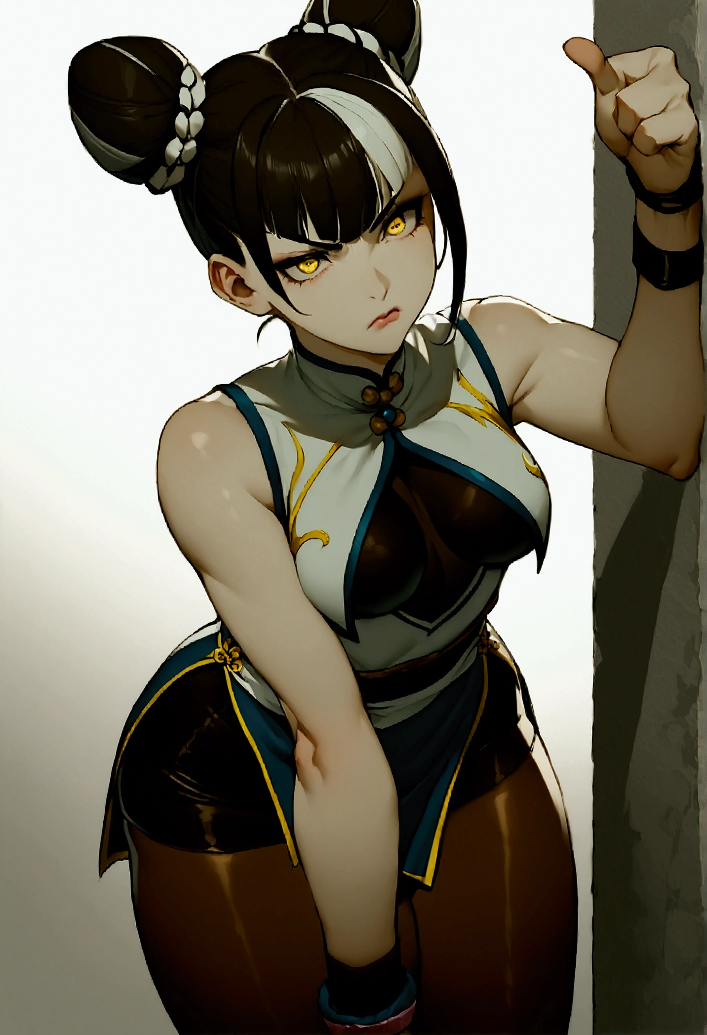 sfChunLi, ChunLi, Chinese clothing, wristbands, perneiras, twin hair buns, mature woman, standing, cowboy shot, ((standing alone)),,((multicolored hair, Bblack hair, White hair)),short leggingpale skin Bblack hair yellow eyes black against wall sad sad sad sad tight short perneiras white girl dark dark, brown pantyhose, Sexy thighs, beautifuleyes, black tights, black tights,legging curta branca, pale skin Bblack hair yellow eyes black against wall sad sad sad sad tight short perneiras white girl dark dark, brown pantyhose, Sexy thighs, beautifuleyes, black tights, brown pantyhose , , best qualityer, high resolution, standing alone, Bblack hair, , black gloves, bike_Shorts, bangss, white shirt, distinctive, medium breasts, cowboy shot white , scowl, , leaning forward, pointing to the viewer,