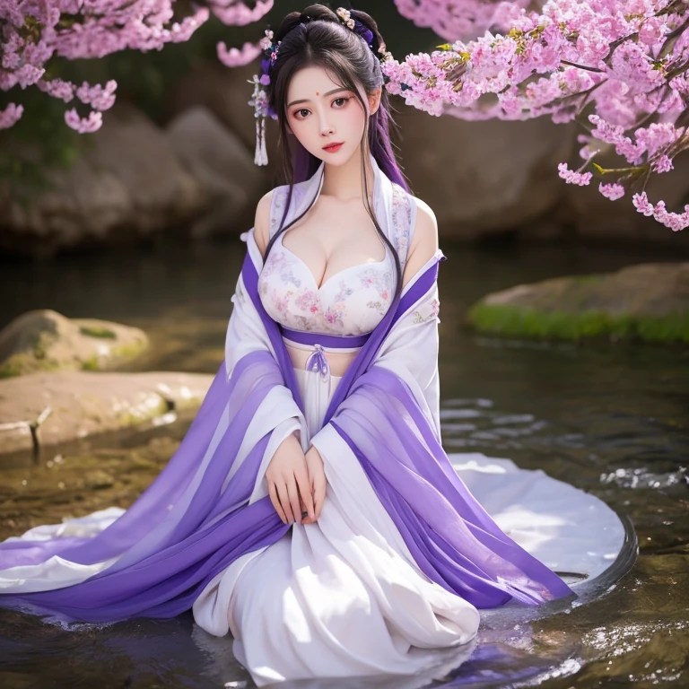 Purple Hair,Purple Eyes,Purple clothes,She wore a jade lotus hairpin in her hair.,Wearing a lavender wide-sleeved plain fairy dress,She was a vision of ethereal beauty, a divine being, but also a woman of incomparable loveliness.。Her skin was like congealed fat, pure white jade.,She seemed as delicate as if she could be pierced by a puff of air,;Her face was as delicate as a lotus bud, beautiful and peerless.,Her lips were like cherry blossoms, moist and luscious.,all incredibly alluring.。Her two curved eyebrows,,her distant mountain-like brows painted with a touch of green.;a pair of peach blossom eyes with a playful glint,,Her eyes, clear as autumn water, were moist and bright,。Even when sitting,,it was hard to ignore her perfect figure, with a voluptuous chest and a rounded rear.。Her shoulders seemed to have been carved.,her full, rounded breasts,,Her waist was as thin as a willow branch, a mere handspan around.,The beautiful curves of her hips and legs were faintly visible.。