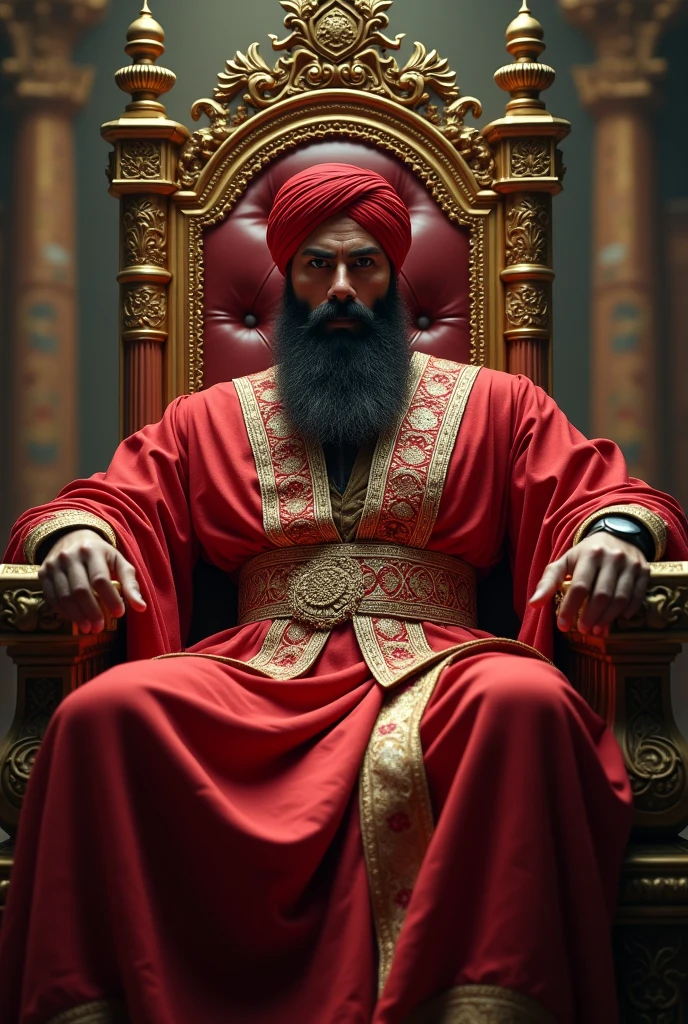 In ancient Islamic times, a man with a strong body. He has a turban. He sits with confidence, tall and majestic, intimidating the enemy. He places his hands on both feet. The clothes are red. He is sitting on the throne of the Caliphate. A luxurious, luxurious throne. Behind the throne. High quality realistic facial features.