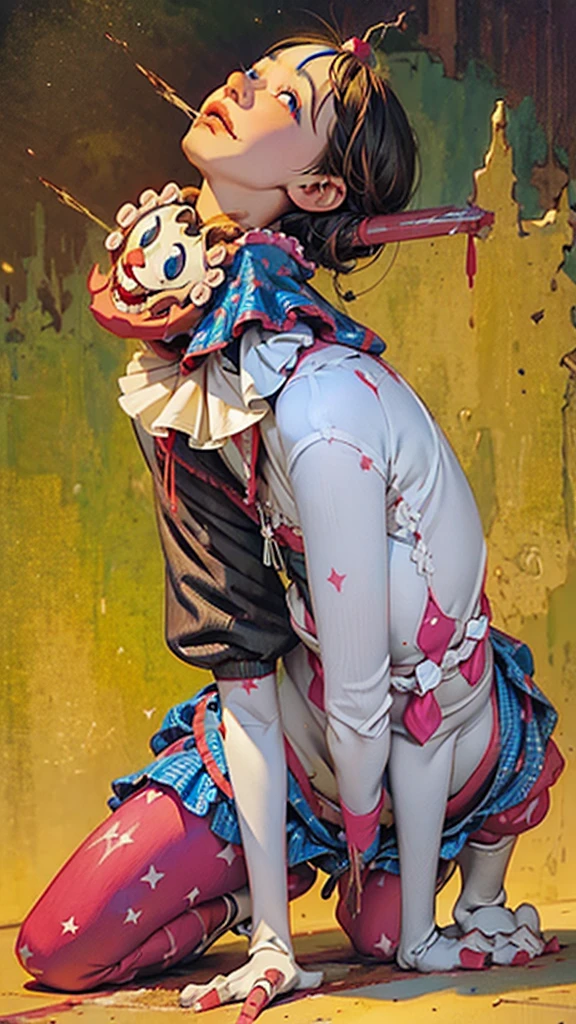 (Midnight Amusement Park),((Horror taste))、A clown looking up at the sky alone.、Sad expression、（（Full body portrait））、He's holding a bloodstained knife.、Anime-style illustrations、Very revealing clothing
