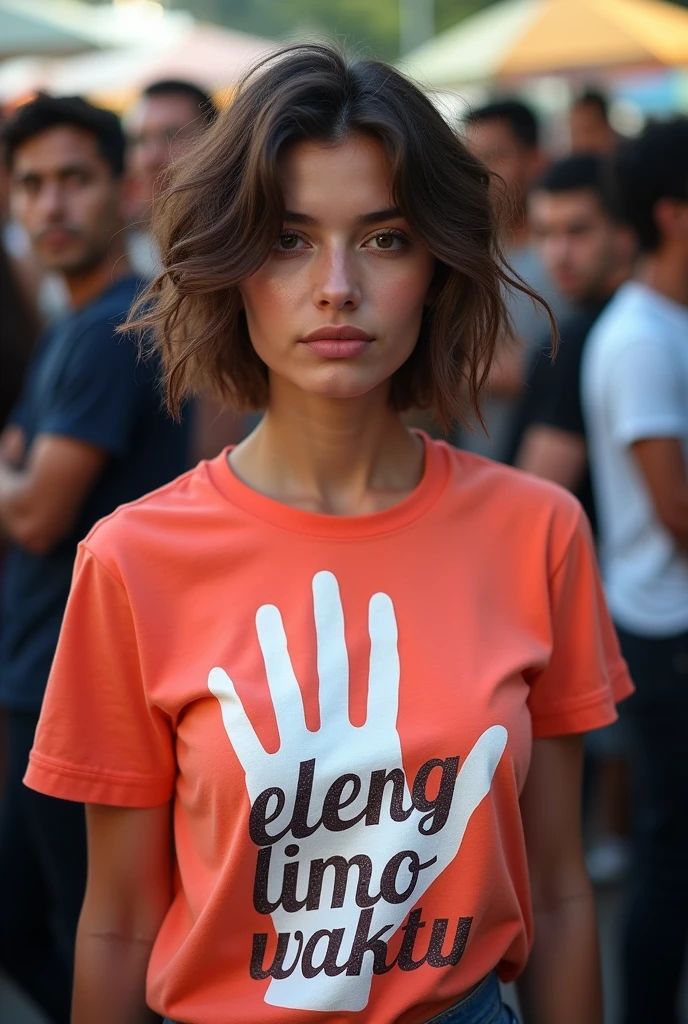A woman, wearing a t-shirt with a strong vector design featuring a silhouetted image of a five-fingered palm in white colour with love and light. The phrase "ELENG LIMO WAKTU" is displayed in bold, distressed typography with pastel colours, while holding her t-shirt, short wavy hair, in a public place, surrounded by many men, big and sexy breasts, jav idol, with a frontal shooting angle, very realistic, (complex detail: 0.9), (hdr, hyperdetail: 1.2), RAW, Sony Alpha a9 II, 24-105mm f/4, HDR,