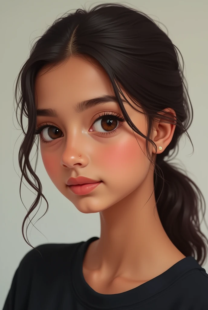Create a close-up illustration of a beautiful 13year-old north indian girl girl brown colour girl . She has beautiful narrow eyes . Black t shirt . .carefully styled her hair into a neat ponytail. The image should sideways and only capture her face